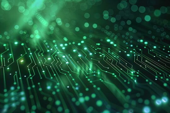 Abstract green circuit board with glowing nodes conveys technology and connectivity