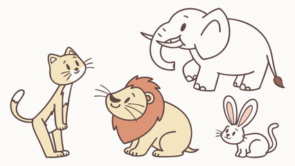 Obraz premium Adorable Cartoon Animals Cat, Lion, Elephant, and Rabbit Illustration