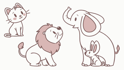 Obraz premium Adorable Cartoon Animals Cat, Lion, Elephant, and Rabbit Illustration