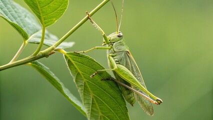 Close up green grasshopper hanging on the leaf on a green background