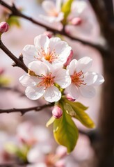 Obraz premium Close-up of delicate peach tree branch with budding blossoms and young leaves, pale, garden, sunlight