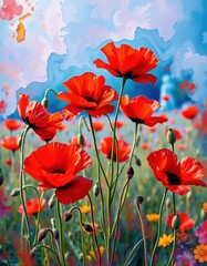 Fototapeta premium Bold impasto poppies, vibrant red and blue hues, fine art, intense