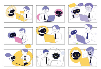 Fototapeta premium I technology set. Characters using artificial intelligence generative tools for business tasks, content creation, marketing, automation. Vector illustration