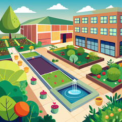 A cartoon drawing of a garden with a fountain and a building in the background. The garden is filled with various plants and flowers, and there are several potted plants scattered throughout the scene