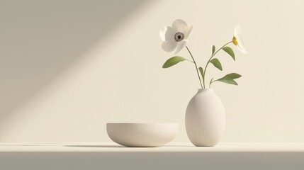 A minimalist white vase with two white flowers sits on a white shelf.