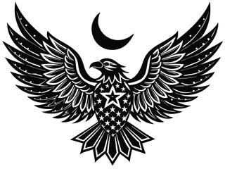 Tribal eagle with eyes replaced by stars, wings stretched across a crescent moon