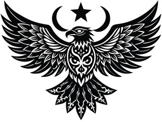 Obraz premium Tribal eagle with eyes replaced by stars, wings stretched across a crescent moon
