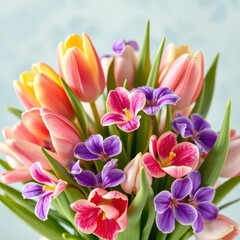 Fototapeta premium Pastel tulips and violets in a whimsical spring bouquet, blossom, spring flowers, airy