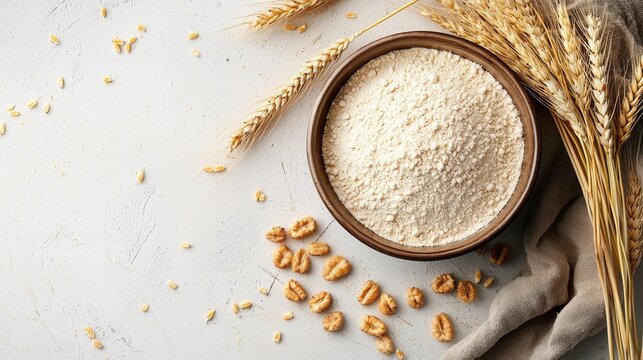 A bowl of flour and wheat grains on a white background