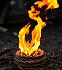 Naklejka premium Burning wooden torch, rope base, smoldering ground, rustic, embers