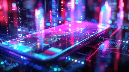 Mobile phone with digital business financial colorful pink neon light background. AI generated image