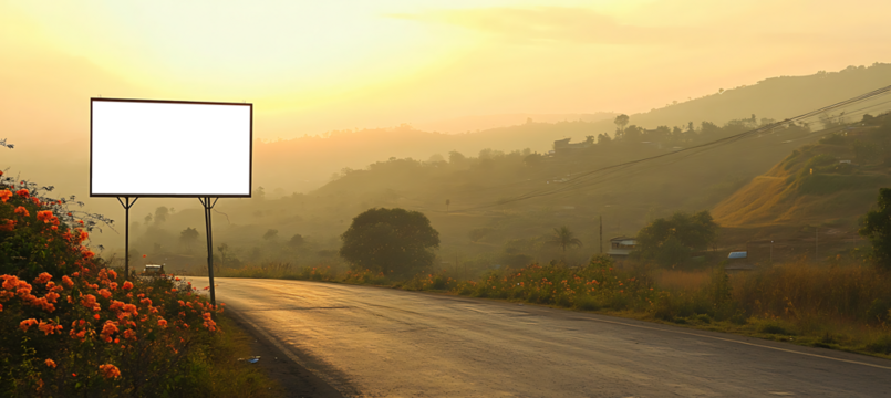 Highway Roadside Advertising Banner Featuring a Transparent PNG Display Area for Easy Placement of Custom Graphics, Messages, or Marketing Designs