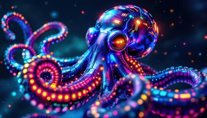 Futuristic Cyberpunk Octopus with Glowing Lights and Intricate Details
