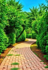 Obraz premium A curving brick path edged with lush green foliage, environment, garden, winding path