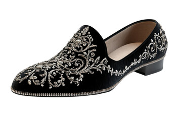 Exquisite black velvet slipper with intricate silver embroidery dazzling crystal embellishments