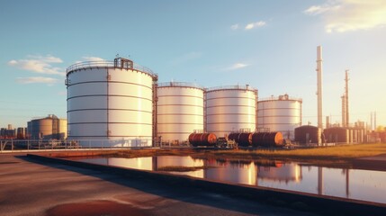 Closeup Petroleum, chemical, hydrogen or ammonia industrial factory with large pipes and reservoirs