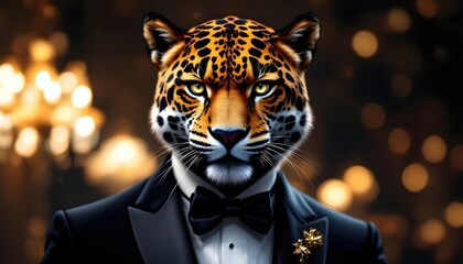 Jaguar Head in Tuxedo Portrait Elegant Animal Anthropomorphism Concept