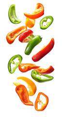Red bell pepper slices are shown isolated on a white background, with the whole pepper floating in the air, typically used for seasoning and decoration.