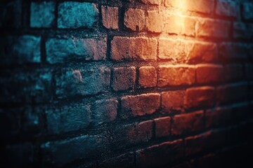 An angled close up of a brick wall with color lighting