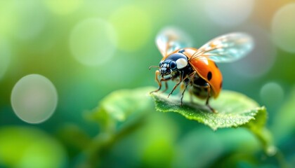 Ladybug Ready for Flight on Green Leaf in a Soft Bokeh Background