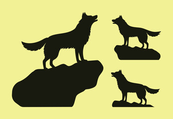Set of three isolated silhouettes of wolves standing on rocks vector design