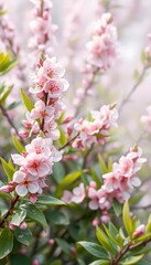 Delicate pink almond blossoms emerge from vibrant green foliage, veiled in soft white mist Springtime freshness, vibrant, spring, tree