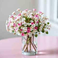 Delicate white & pink Bacopa monnieri blossoms in a clear glass vase, herbal aroma, flower, leaves