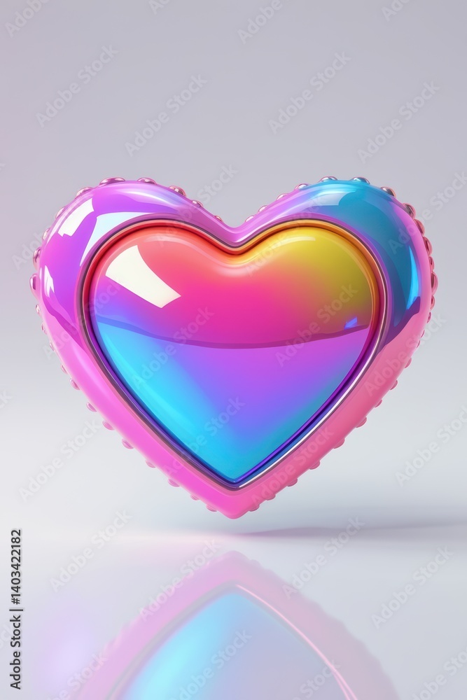 Poster A glossy heart shaped object with a rainbow gradient on a white surface with a reflection below it