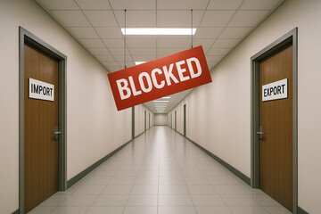 Symbolic hallway with IMPORT and EXPORT signs blocked by a red sign reading BLOCKED, representing halted international trade or export-import restrictions