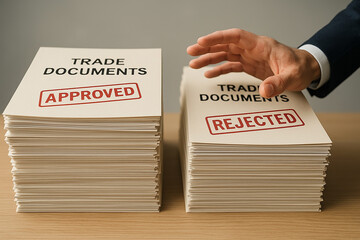 Close-up of stacks of trade documents labeled APPROVED and REJECTED, representing international trade decisions, compliance, and policy enforcement