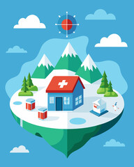 On a remote island in the Arctic a nomadic community is able to access medical care through a solarpowered clinic that is selfsufficient and sustainable.. Vector illustration