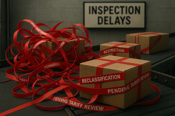 Brown cardboard boxes wrapped in tangled red ribbons labeled pending tariff review and restriction under inspection delays sign