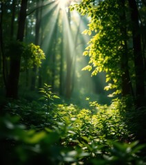 Obraz premium Soft focus green forest, sunbeam piercing leaves, canopy, photography