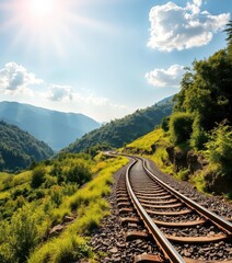 Fototapeta premium Sun-drenched railway track winding through lush green valley, no trains, valley, tracks