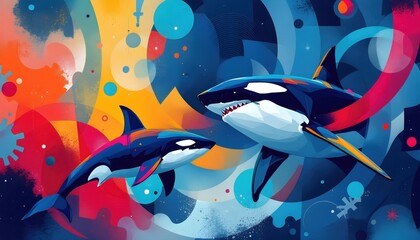 Orca Whale Pair Swimming in Colorful Abstract Underwater Illustration