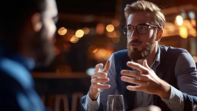 Thoughtful Business Conversation: Two men in a dimly lit setting engage in a focused discussion, the image capturing a sense of collaboration and professional synergy.