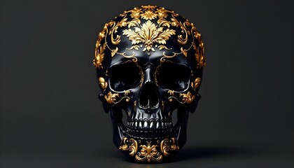 Ornate Black Skull with Golden Floral Design on Dark Background