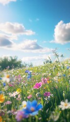 Vivid spring meadow with wildflowers under a bright blue sky in dreamlike hyper realistic style