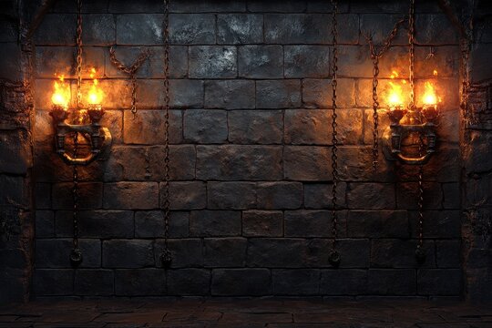 A dark dungeon with torches and hanging chains on brick walls
