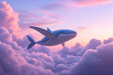 Fototapeta premium Surreal Whale Floating in Pastel Clouds