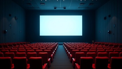 Obraz premium Empty Cinema Hall with Red Seats and Large Blank Screen Movie Theater Interior Background