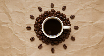 Coffee Cup Surrounded By Coffee Beans Arranged Like Clock On Textured Brown Background