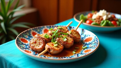 Scrumptious Asian Skewers on a Vibrant Plate