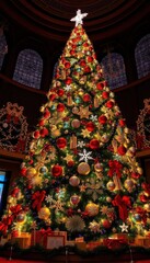 A majestic Christmas tree, shimmering with ornaments, lights, and garlands, winter wonderland, holiday, holiday spirit