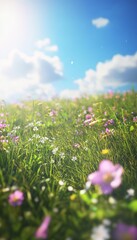 Fototapeta premium Vibrant spring meadow with wildflowers under a bright sky in a dreamlike and hyper realistic style