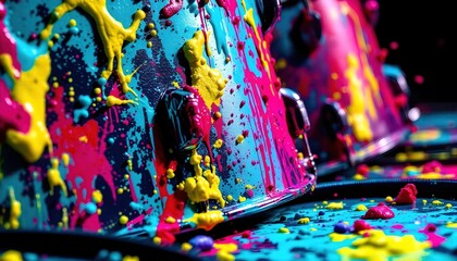 Vibrant Drum Set Covered with Dripping Colorful Paint Creates Abstract Art