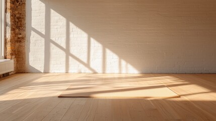 A yoga mat on a wooden floor in front of a white brick wall.