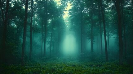 Obraz premium Misty forest landscape with tall trees, dense fog covering the ground, creating an eerie atmosphere