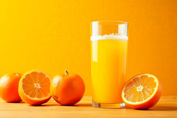 Illustration of whole oranges and slices.Orange juice in a glass.created with the help of artificial intelligence.