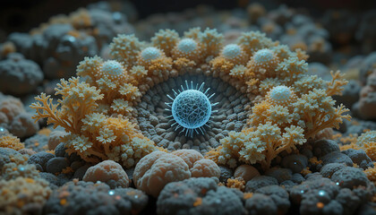Ethereal Blue Sphere Amid Coral Formations, Set Against a Sandy, Dreamlike Seafloor in Orange and Blue.